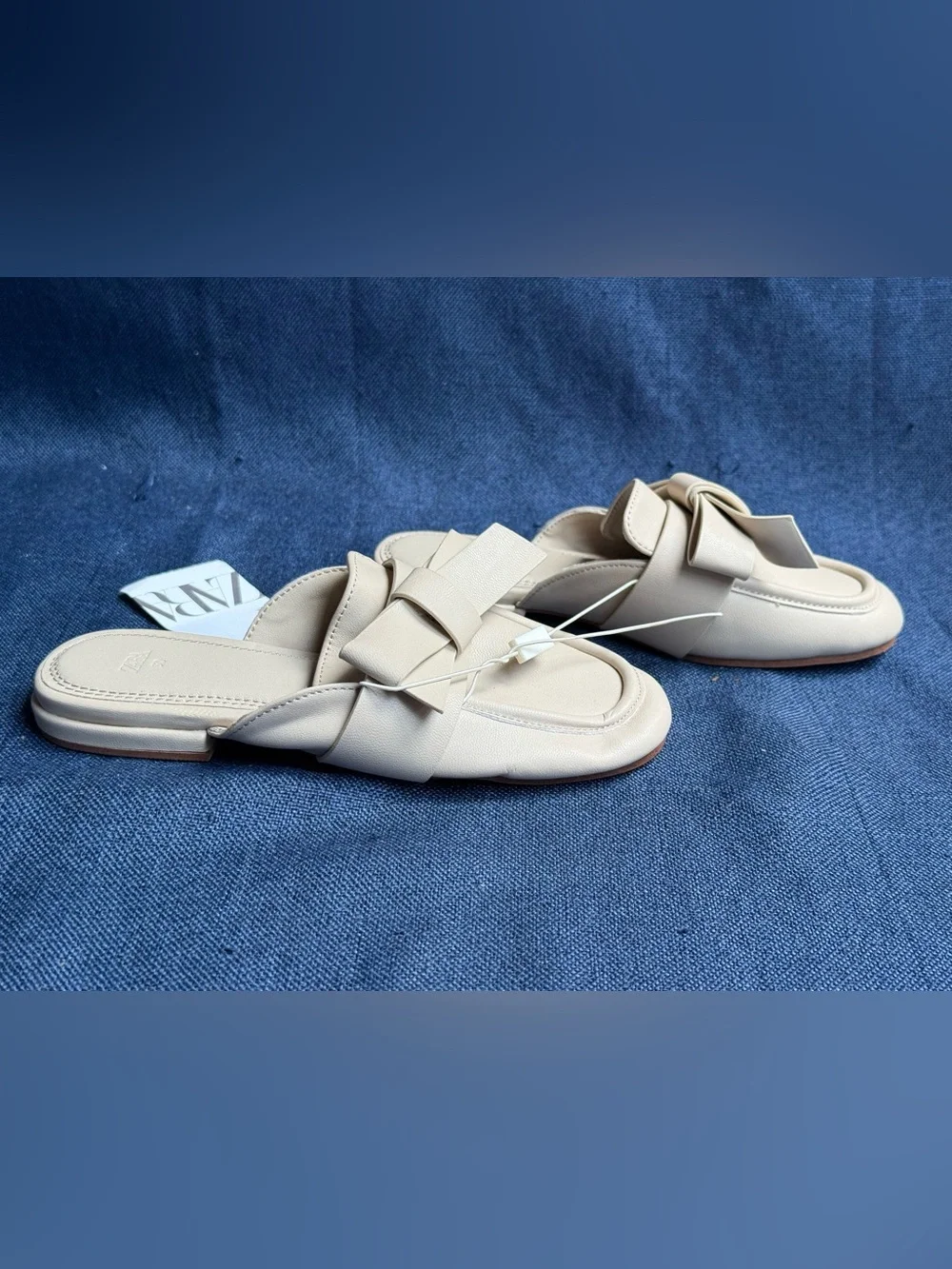 Zara Kids NWT Bow Flat Mules Beige Faux Leather Slip On Loafer Shoes Size US 12.
